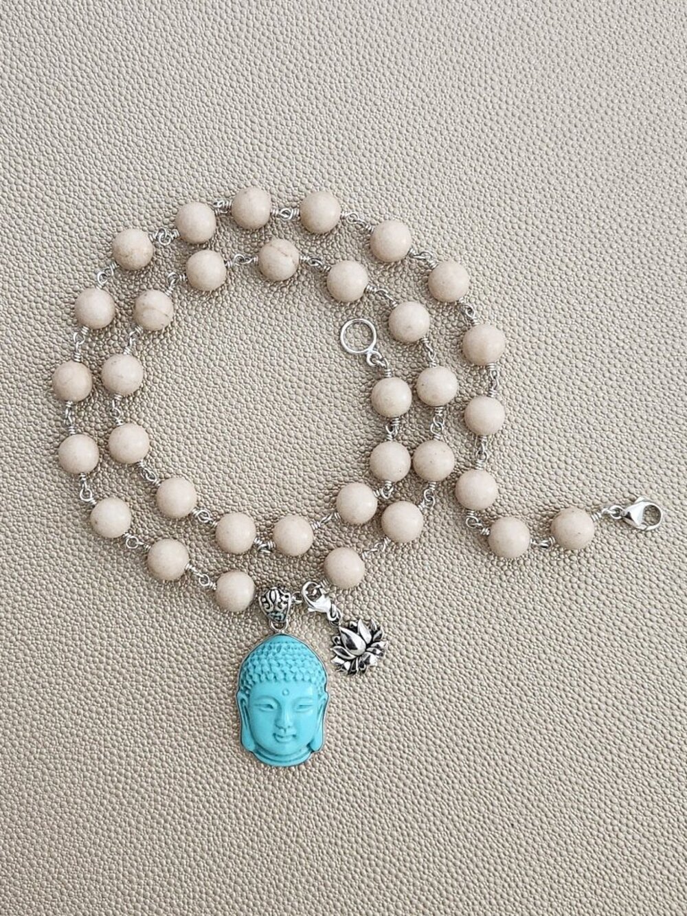WOOD AGATE NECKLACE W/ TURQUOISE BUDDHA PENDANT
